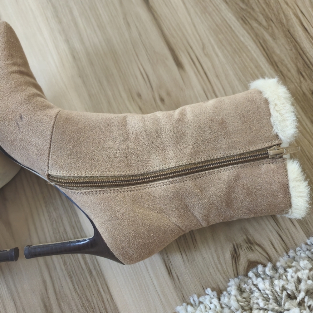 Tan Suede And Faux Fur Pointed Toe Stiletto Boots Women's 7.5 - Picture 9 of 15